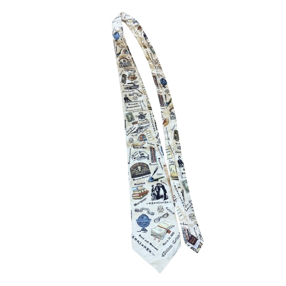Museum Artifacts Necktie Mens OS Cream Legal Law History Silk Novelty Print